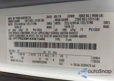 2019 Ford Transit-250 z USA, uszkodzony, nr VIN 1FTYR2XM1KKB75460